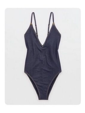 AE x Aerie Match Made in Denim Plunge Cheekiest One Piece, Size Small